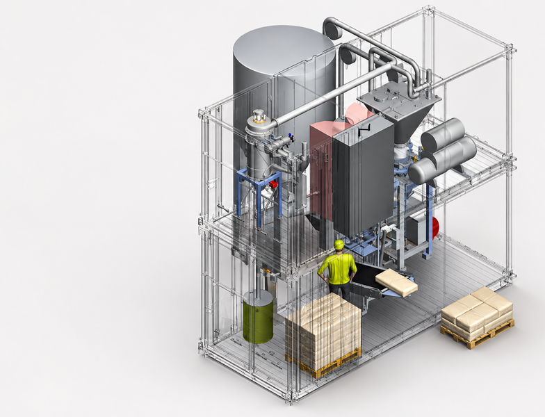 VeloUnit Container by GREIF-VELOX, a pre-assembled, container-based mobile bagging solution with a BVPV gross pneumatic packer